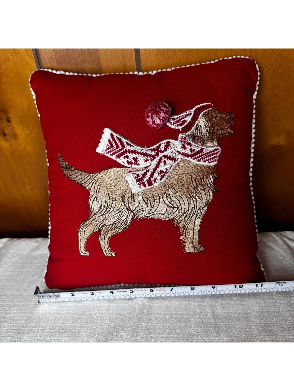 Vintage Pier 1 Christmas Golden Retriever Dog Pillow Red Embroidered 12x12